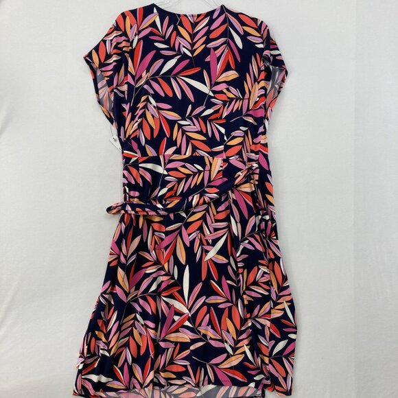 New Maggy London size 16W Multi Color Leaf Stretch Wrap Belted Dress Feminine - Picture 10 of 11